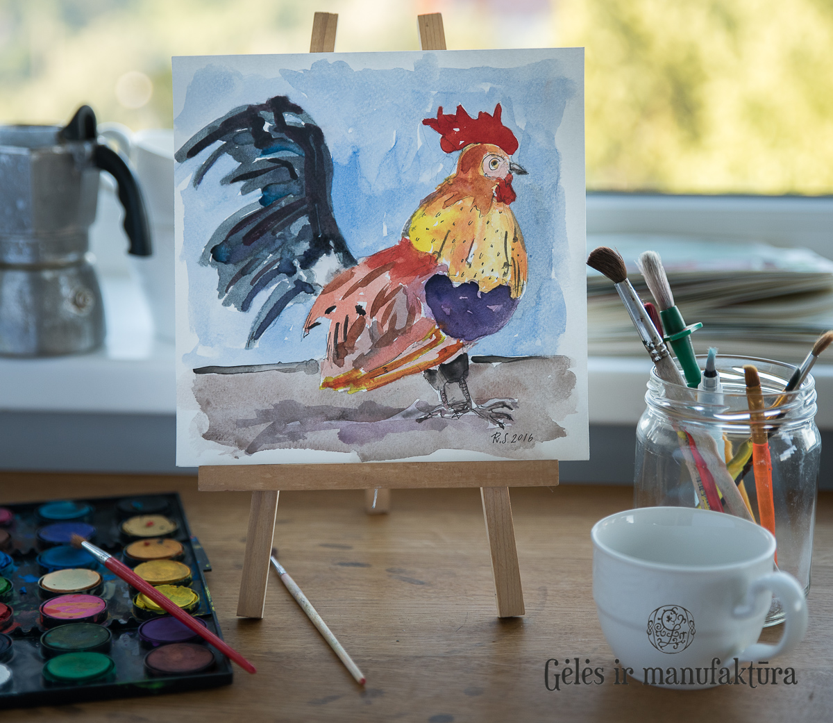 Paveikslas- akvarelė "Gaidys", 28x28cm. Iš naminių gyvūnų kolekcijos. R.Strazdas. Paveikslas įrėmintas, medinis stiklintas rėmas - Image 6