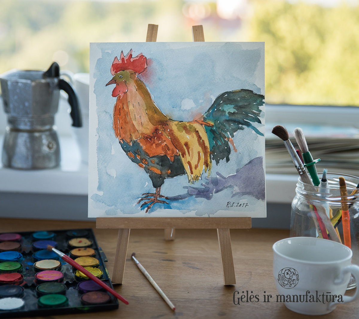 Paveikslas- akvarelė "Gaidys", 28x28cm. Iš naminių gyvūnų kolekcijos. R.Strazdas. Paveikslas įrėmintas, medinis stiklintas rėmas - Image 5