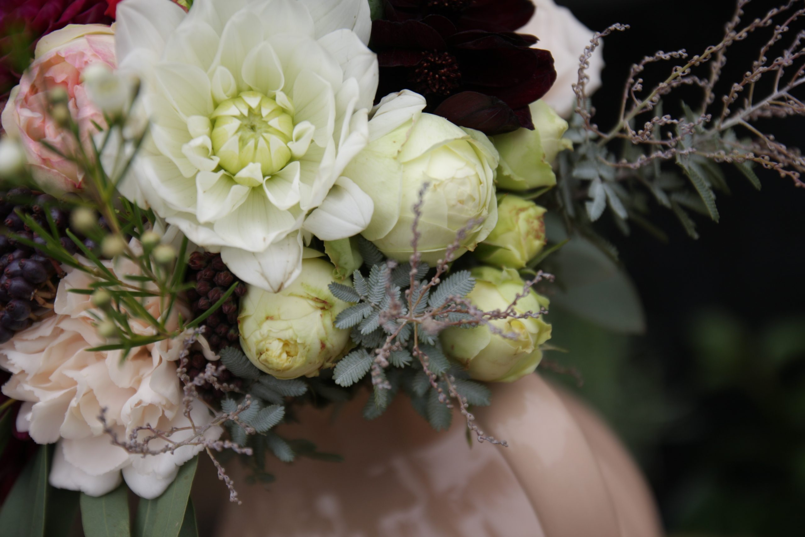 Vestuvinė puokštė nuotakai, surišta iš bordo, tamsios vyno spalvos jurginų (Dahlia) - Image 12