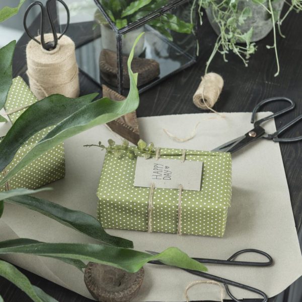 gift wrapping paper herbal green dots dovanu pakavimo popierius žalias su žirniukais dovana gėlės ir manufaktūra iblaursen