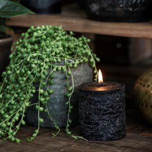 candle rustic black juoda sendinta cilindrinė žvakė gėlės ir manufaktūra iblaursen senecio rowleyanus žilė karolinė kambarinis augalas