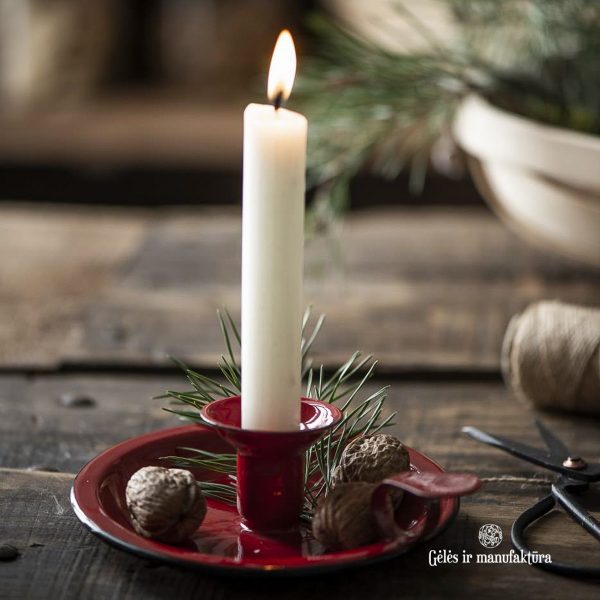 candle holder enamel red white emaliuota metalinė žvakidė žvake raudona balta su rankenėle gėlės ir manufaktūra iblaursen 0412