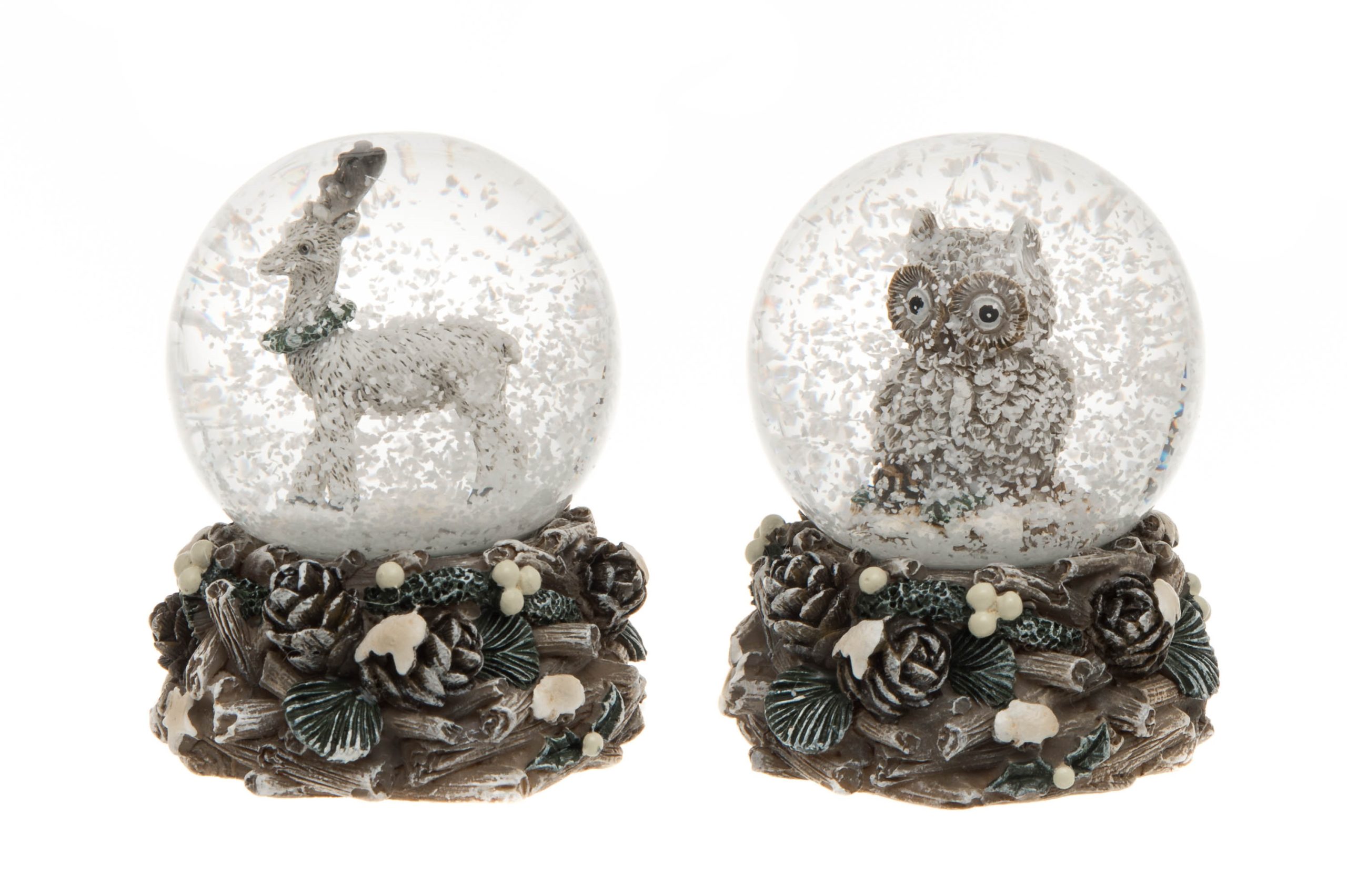 snow globe christmas sniego burbulas kaledos gėlės ir manufaktūra pelėda elnias 293624 TT mini miško gyvūnai