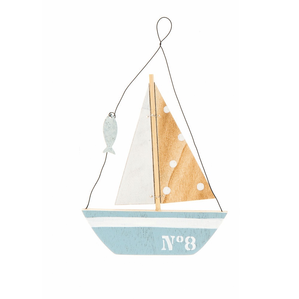 Medinis laivelis Deco Sail Boat su burėmis, 2 burių spalvos, su metaline žuvyte. Jūrinė tematika - Image 3