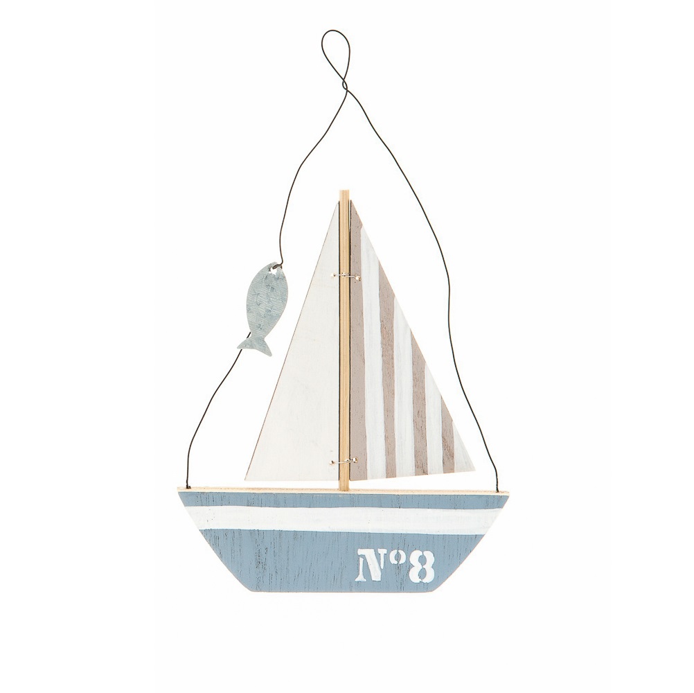 Medinis laivelis Deco Sail Boat su burėmis, 2 burių spalvos, su metaline žuvyte. Jūrinė tematika - Image 2