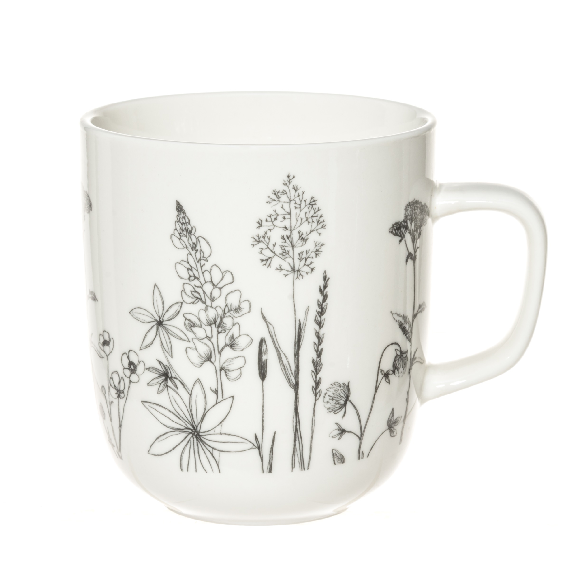 Puodelis porcelianinis keramikinis baltas Spring meadow, dekoruotas juodu botaniniu gėlių ir augalų piešiniu, 350ml, 10cm