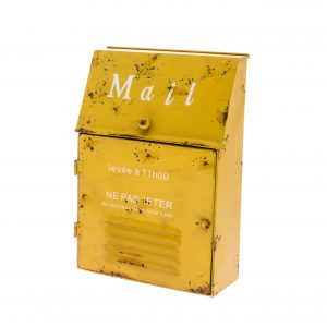 pašto dėžė laiškų dėžutė mail box yellow geltona metalinė sendinta vintage gėlės ir manufaktūra TT 273868