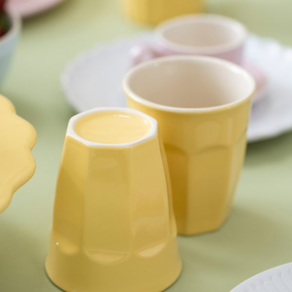 mug cup lemonade geltona keramika yellow puodelis indai virtuvė mynte dubenėlis tortinė gėlės ir manufaktūra